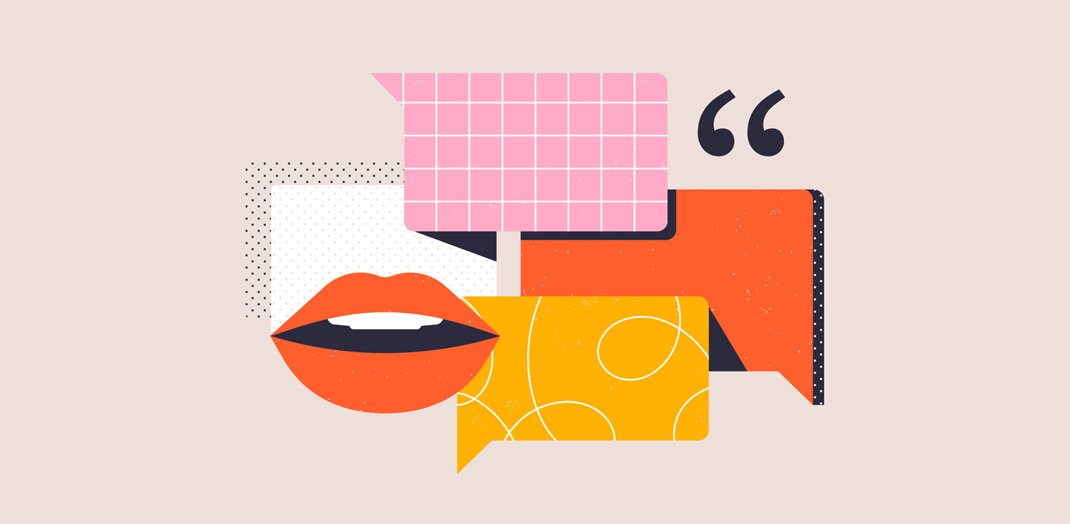 Illustration of an open mouth, conversation bubbles, and quote symbols to symbolize collaborative storytelling and lifting different voices.