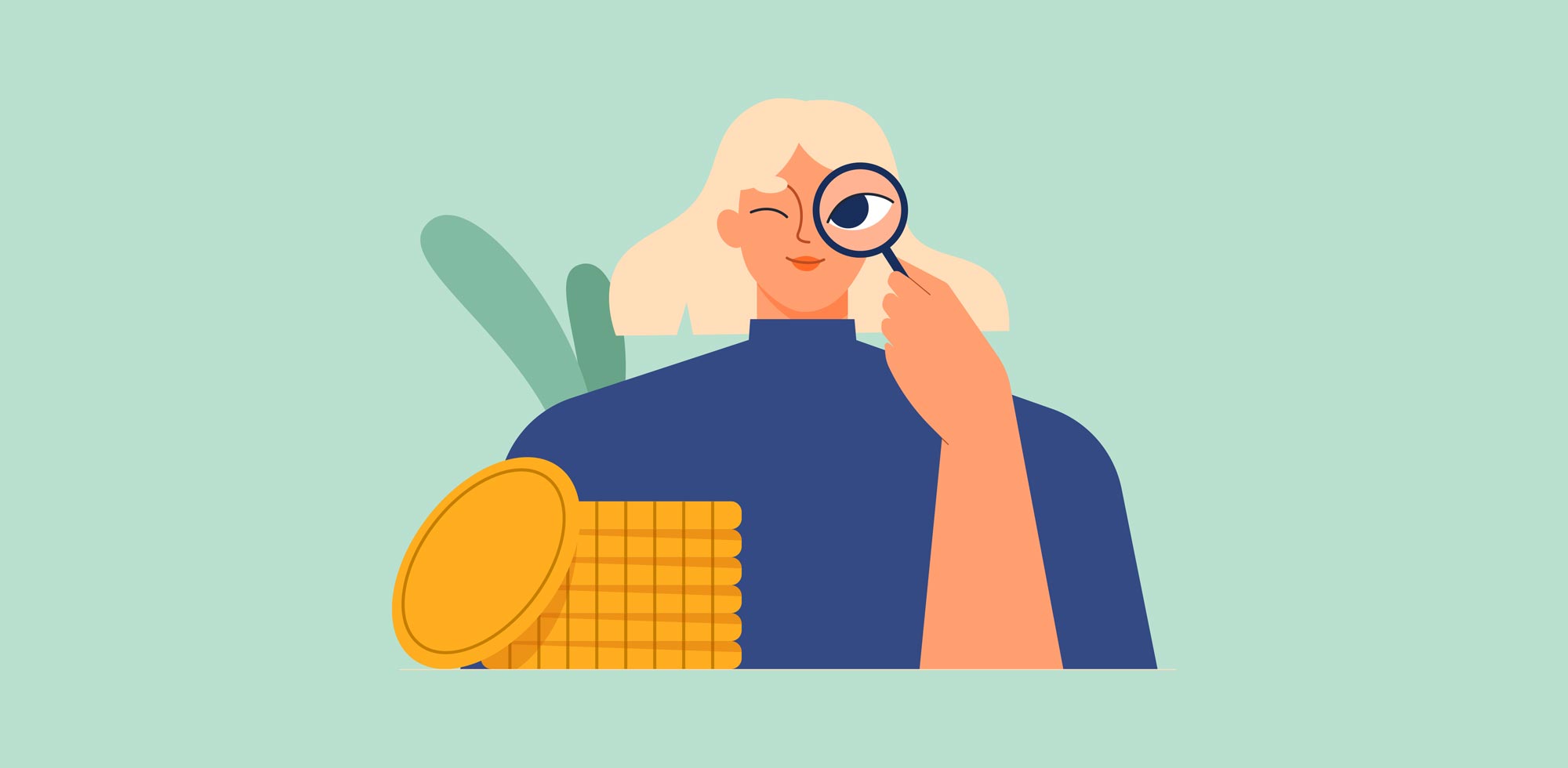 Illustration of a woman looking through magnifying glass with coins laying in front of her. Read more to learn about what logo designs should cost for nonprofits.