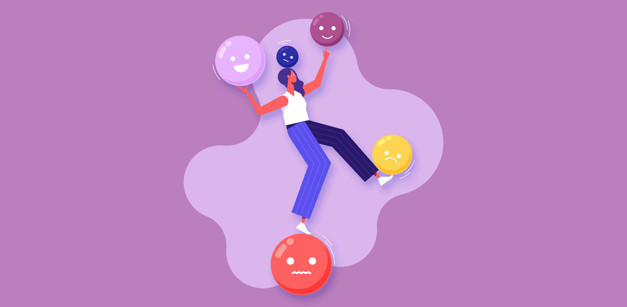 Illustration of a woman balancing different colored balls symbolizing emotions on her head, and foot while standing on a big red ball.