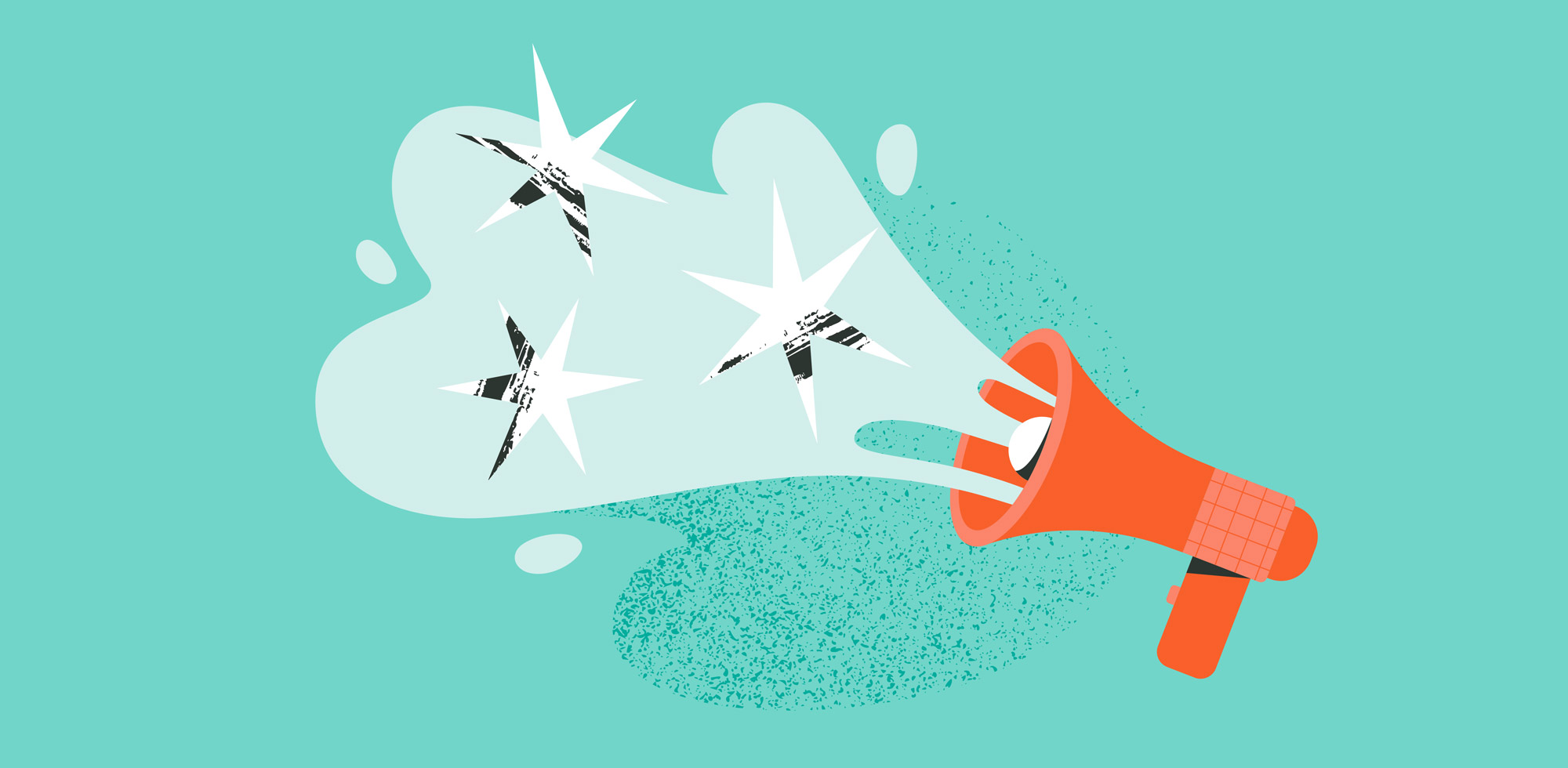 Illustration of a red megaphone with star elements coming out of it to represent storytelling elements.