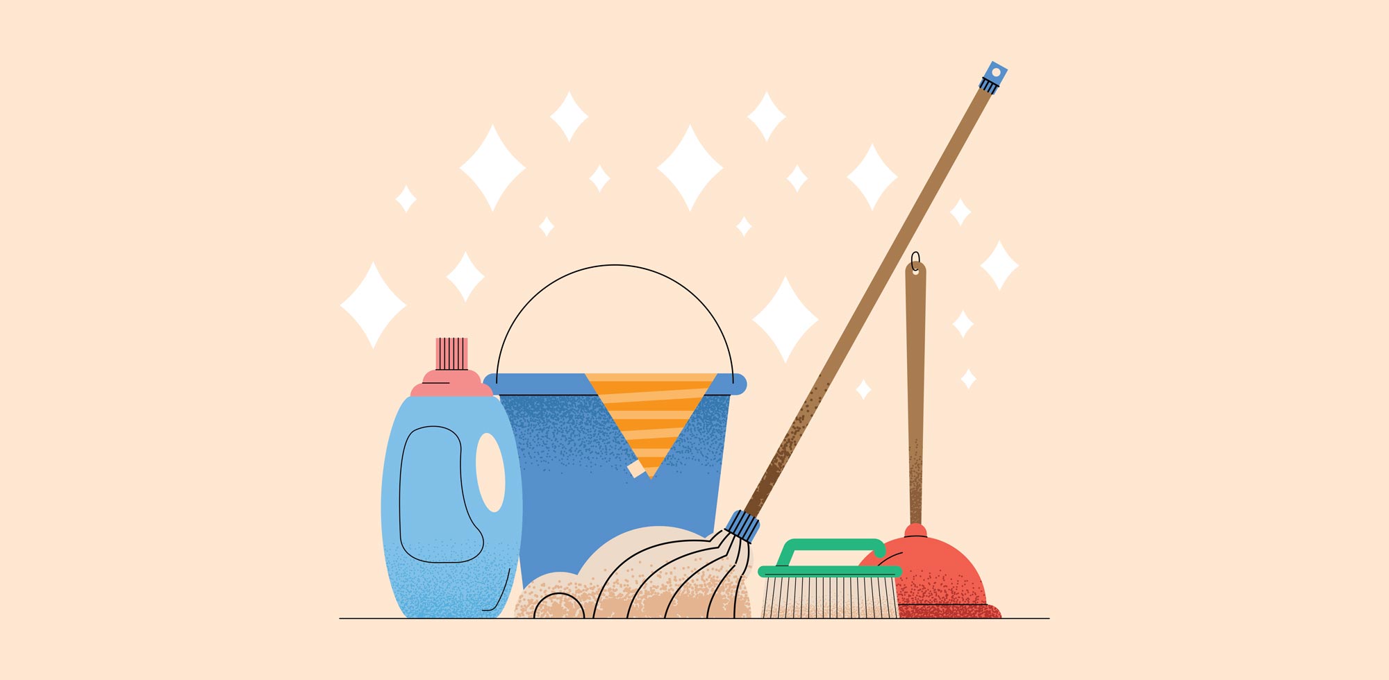 Illustration of household cleaning supplies in a pile, symbolizing scheduled website maintenance to keep your nonprofit's website in tip-top shape.
