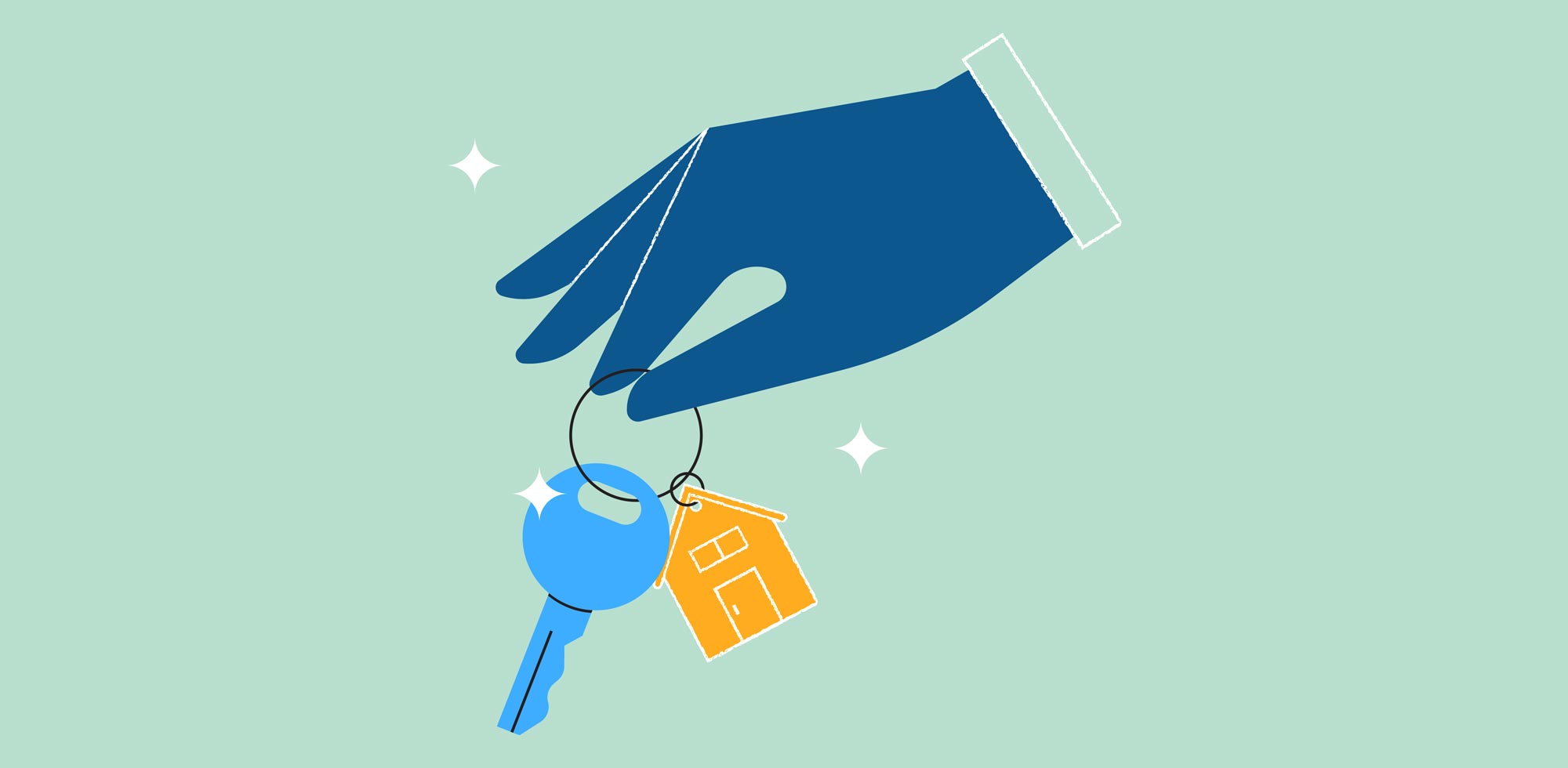 Illustration of a hand holding a key with a ring that represents keys to a new home.