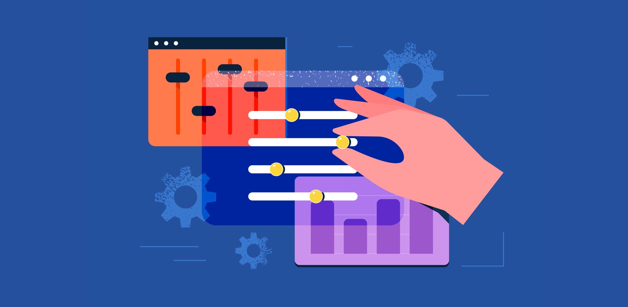 Illustration of a hand adjusting slider buttons, representing someone changing application settings on the screen or adjusting a user interface to make a website more accessible.