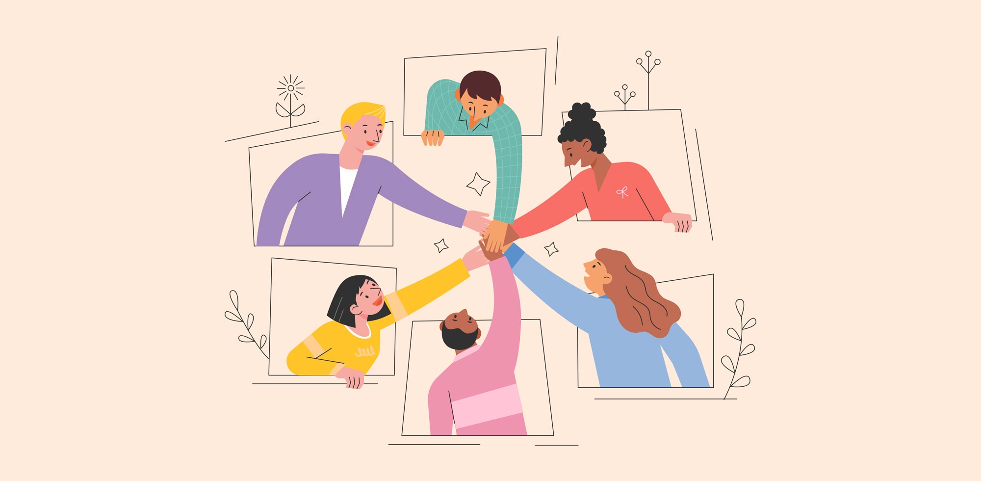 Illustration of diverse people putting their hands together from separate browser window frames, symbolizing how nonprofits can bring people together from different backgrounds to work toward a shared goal.