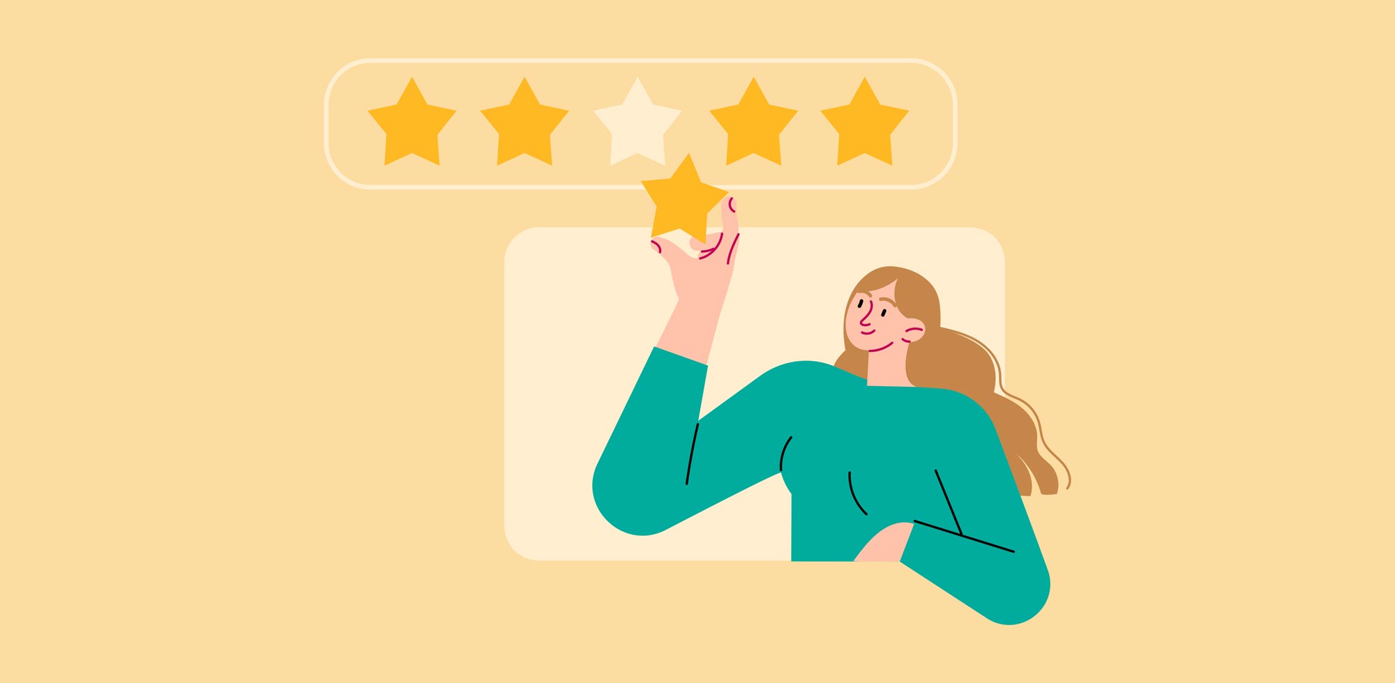 Illustration of a woman holding the fifth star of a five-star rating.