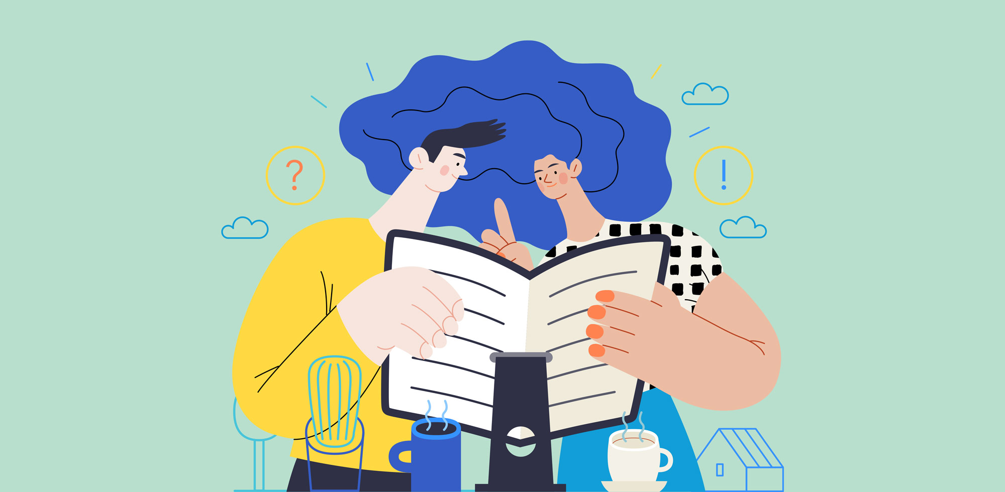 Illustration of two people discussing an article, representing the Sage's desire to share and convey knowledge.