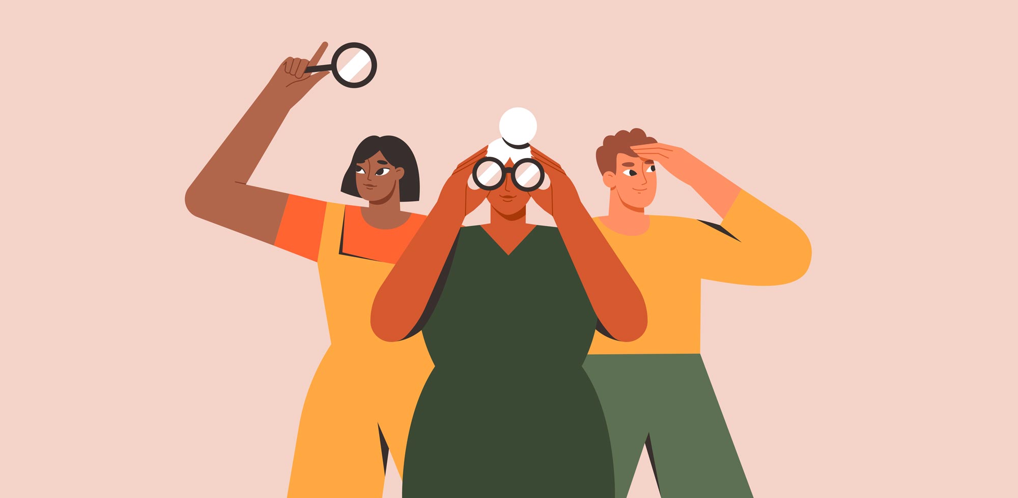 Illustration of three people looking through binoculars trying to find the culprit of their situation. Is it a website or deeper branding problem?