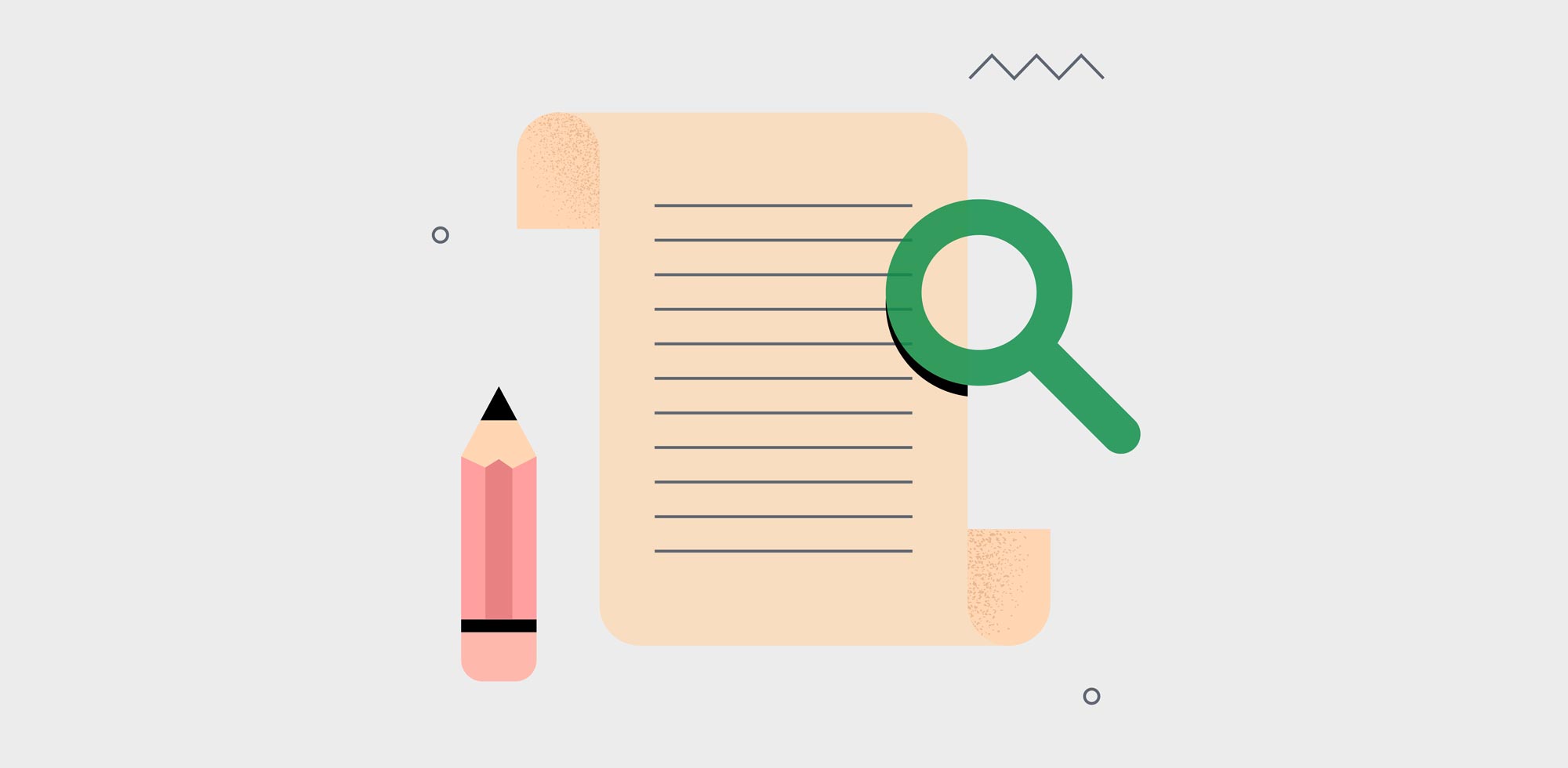 Illustration of a legal contract with a pencil and magnifying glass "inspecting" it, meant to represent the thorough process of trademarking your nonprofit name or logo.