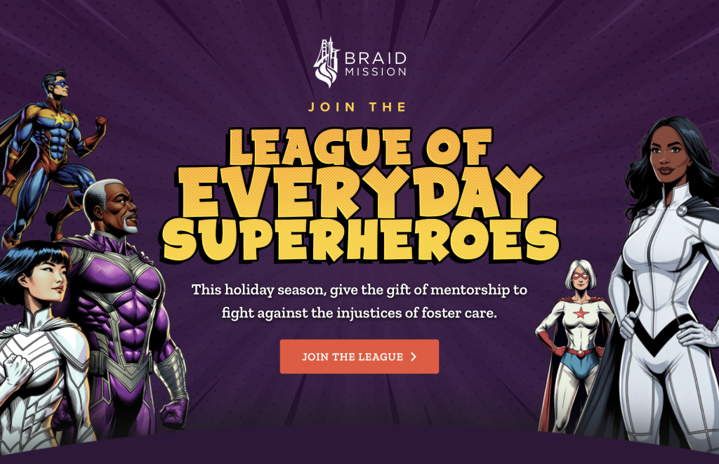 Screenshot of Braid Mission's Giving Tuesday website, featuring illustrated superheroes in a comic book style.