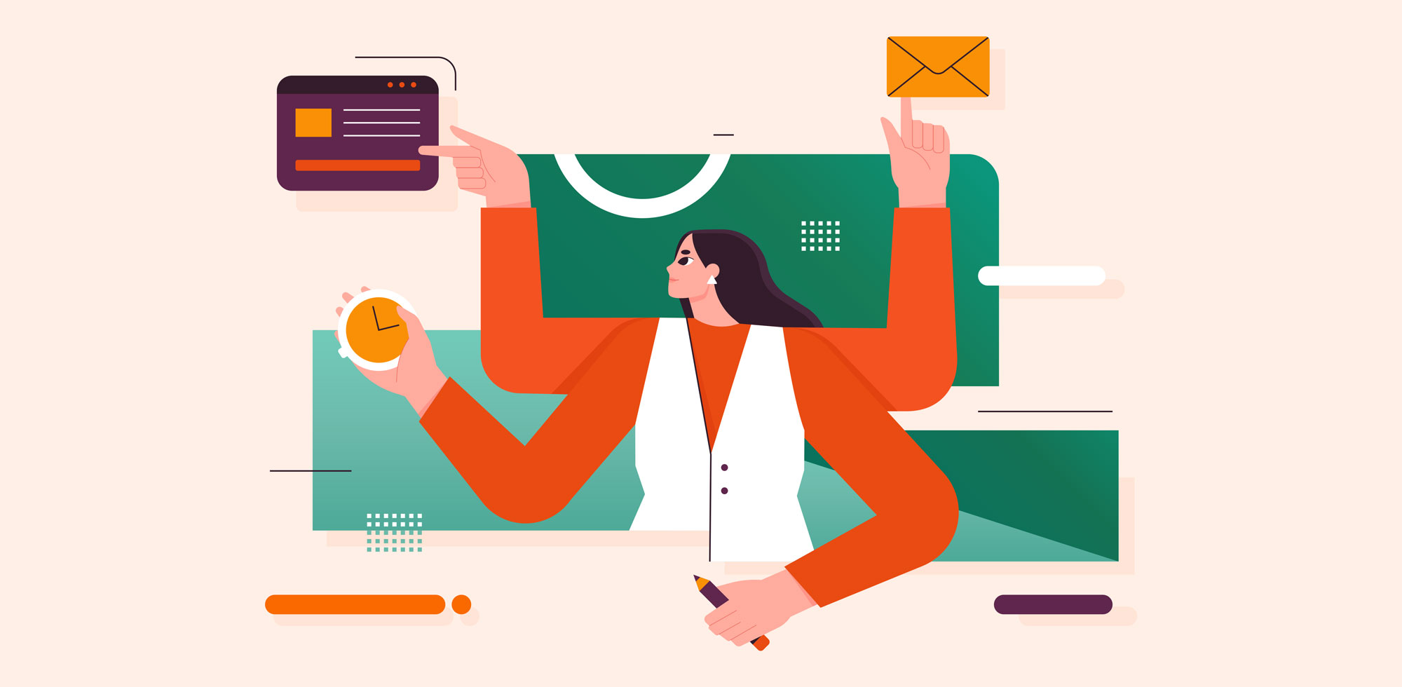 Illustration of a woman with four arms multitasking between email, messages, and phone calls. Representative of the different roles and tasks of a fundraiser.