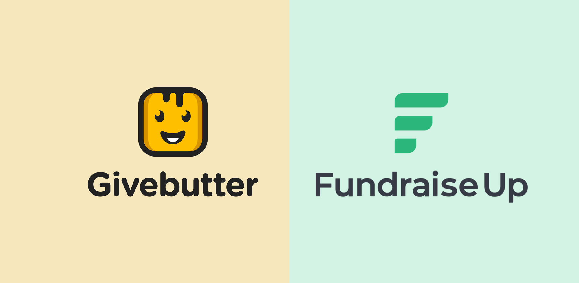 Split image with the yellow GiveButter logo on the left, and the green Fundraise Up logo on the right.