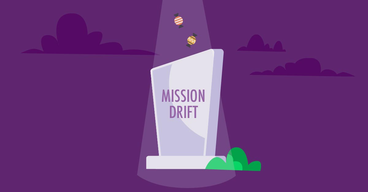 Illustration of a gravestone labeled "mission drift" with a light beam coming down from above "abducting" candies, representing a nonprofit leader being tempted to venture away from their mission.