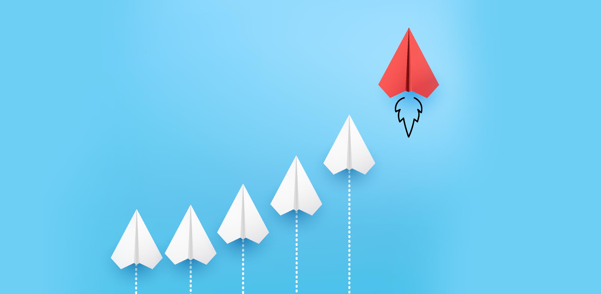Illustration of line of paper planes all going up, but one individual red paper airplane with an extra boost going ahead of the others. Representing the advantage your organization has by differentiating itself.