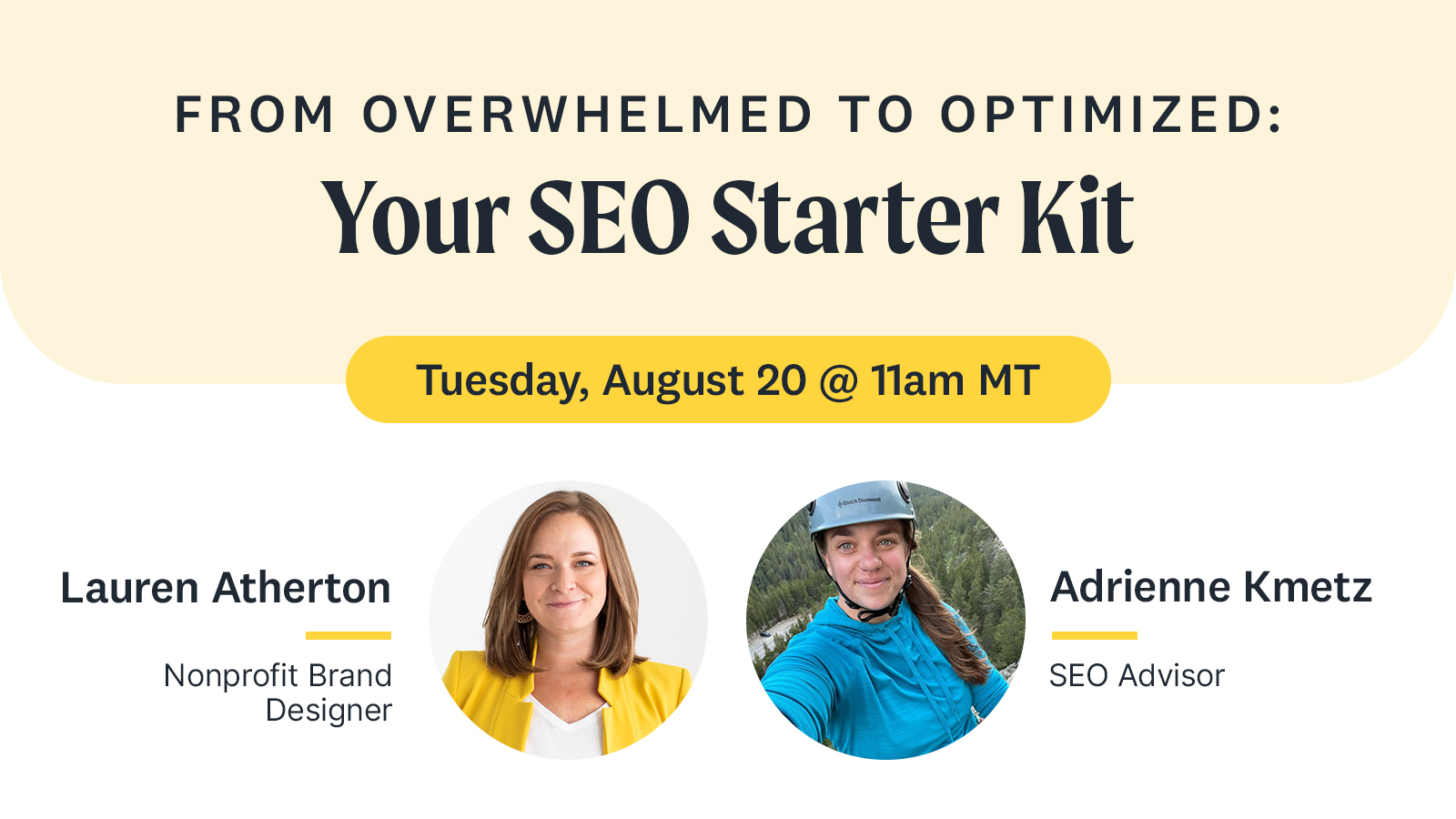 Promotional graphic showing two women – Lauren Atherton and Adrienne Kmetz – co-hosting a LinkedIn Live event about SEO.