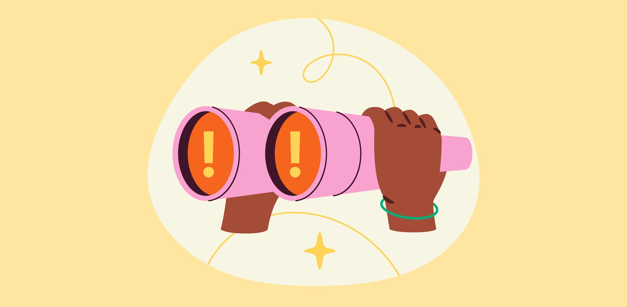 Illustration of a woman's hands holding a set of pink binoculars with exclamation points in the lenses, representing the idea of a mistake being hidden in plain sight.