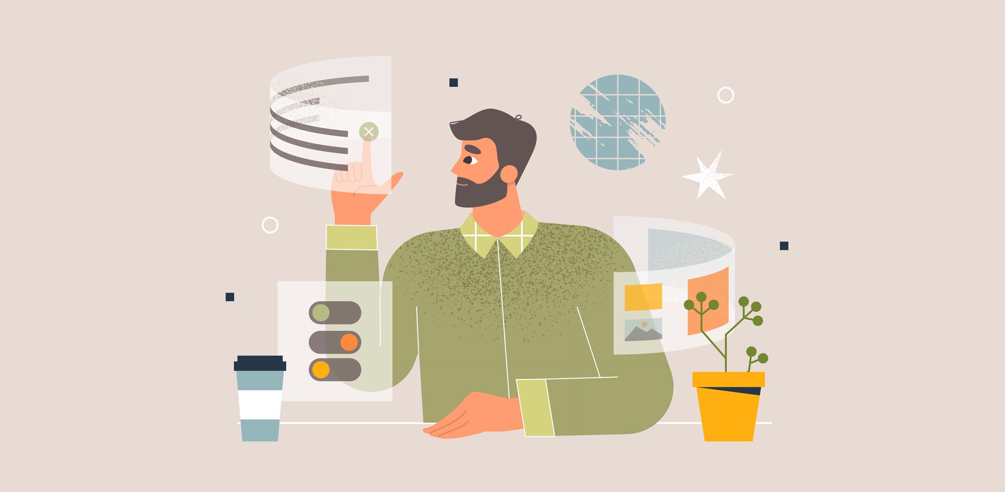 Illustration of a man with a beard interacting with web interface, meant to represent a nonprofit's website.