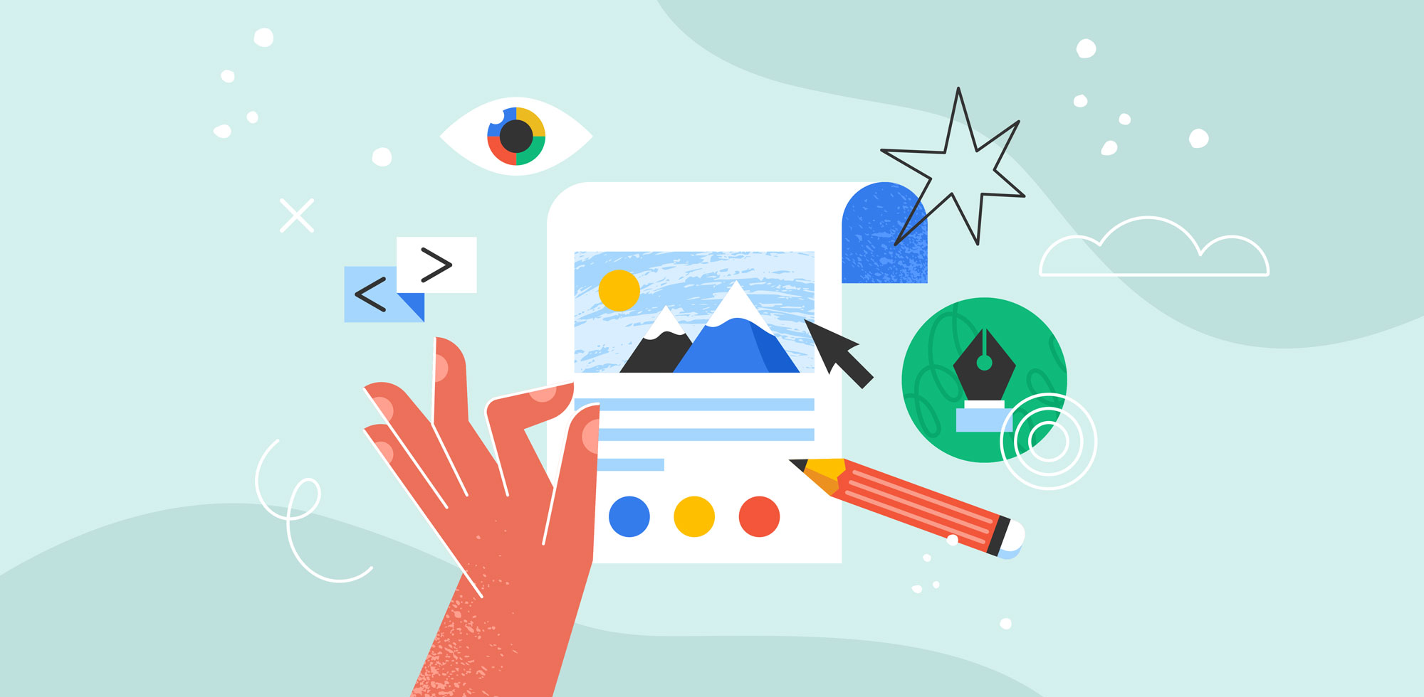 Illustration of a hand editing online visual branding with graphic elements like code, eye icon, and photography.